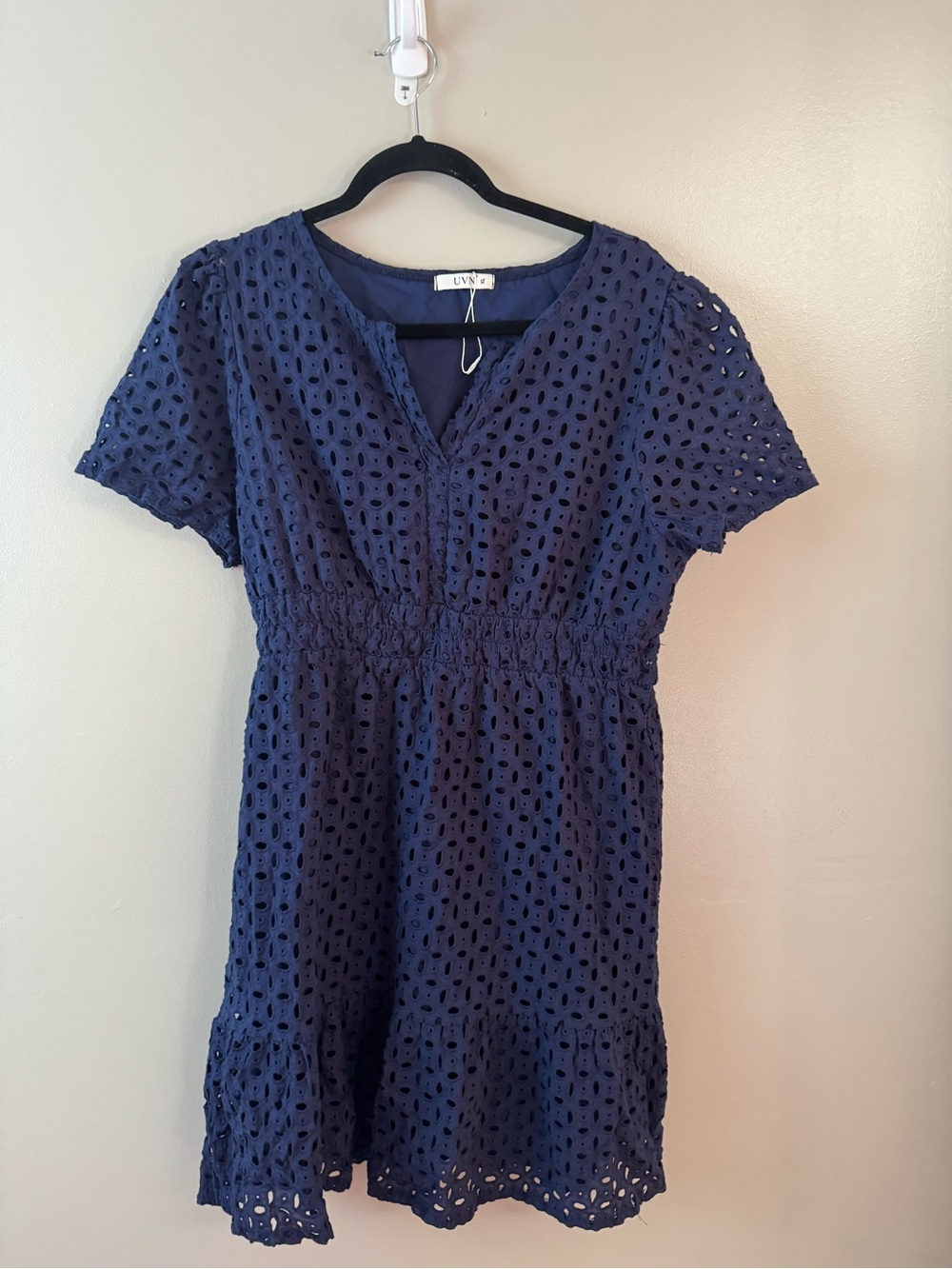 UVN Eyelet Navy Short Sleeve Dress XL Work Attire Casual Minimalist Cottagecore